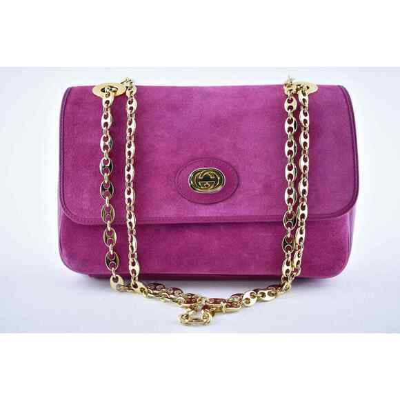 Gucci Marina Small Fuchsia Pink Suede Gold Logo Chain Shoulder Crossbody Bag - Picture 2 of 12